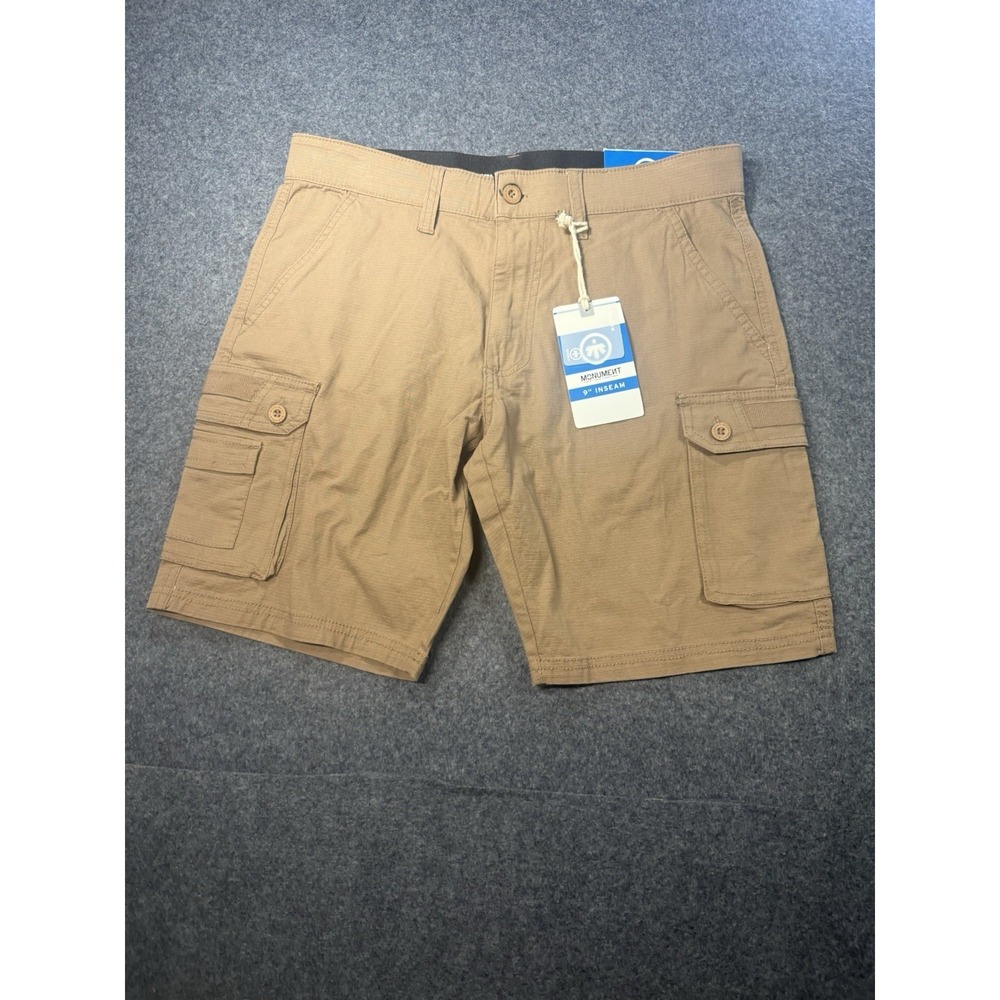 Monument Flex Tech Cargo Shorts Size 30 Cigar Khaki 9 Inch Inseam